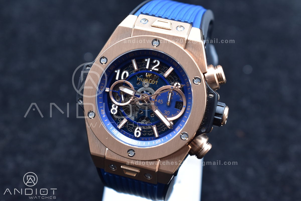 Hublot Big Bang Unico RG ZF 1:1 Best Edition Blue Skeleton Dial on Blue Rubber Strap A1280